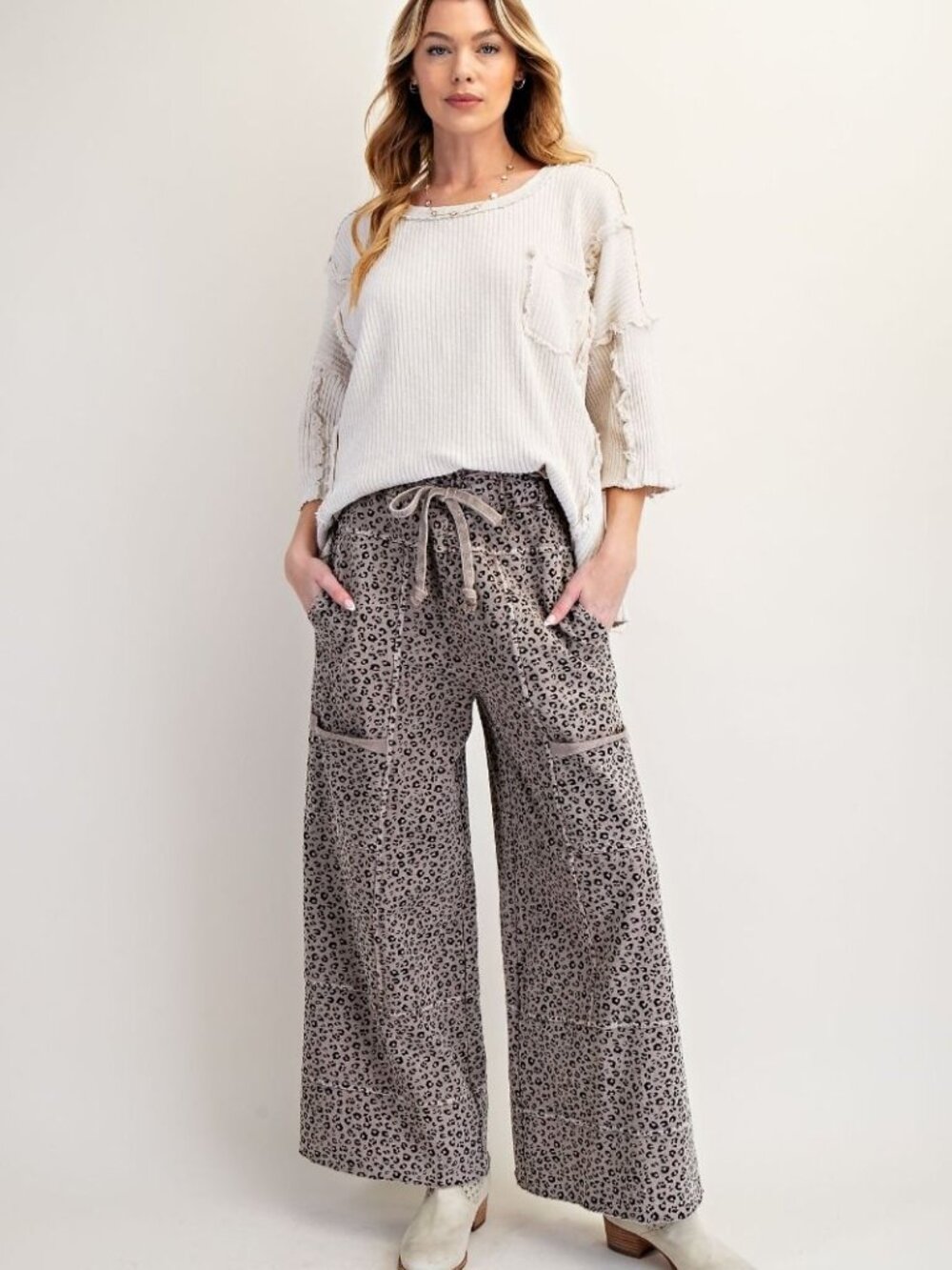 THREE BIRD NEST ANIMAL PRINT MINERAL WASHED TERRY KNIT LOUNGE PANTS 100% COTTON